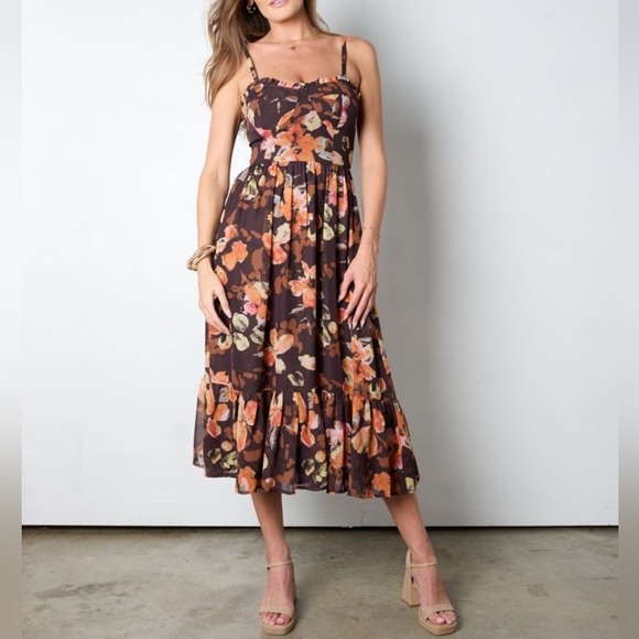Storia Dresses & Skirts - Storia Sheer Floral Brown printed Midi dress Bustier Ruffled Hem Large Strapless